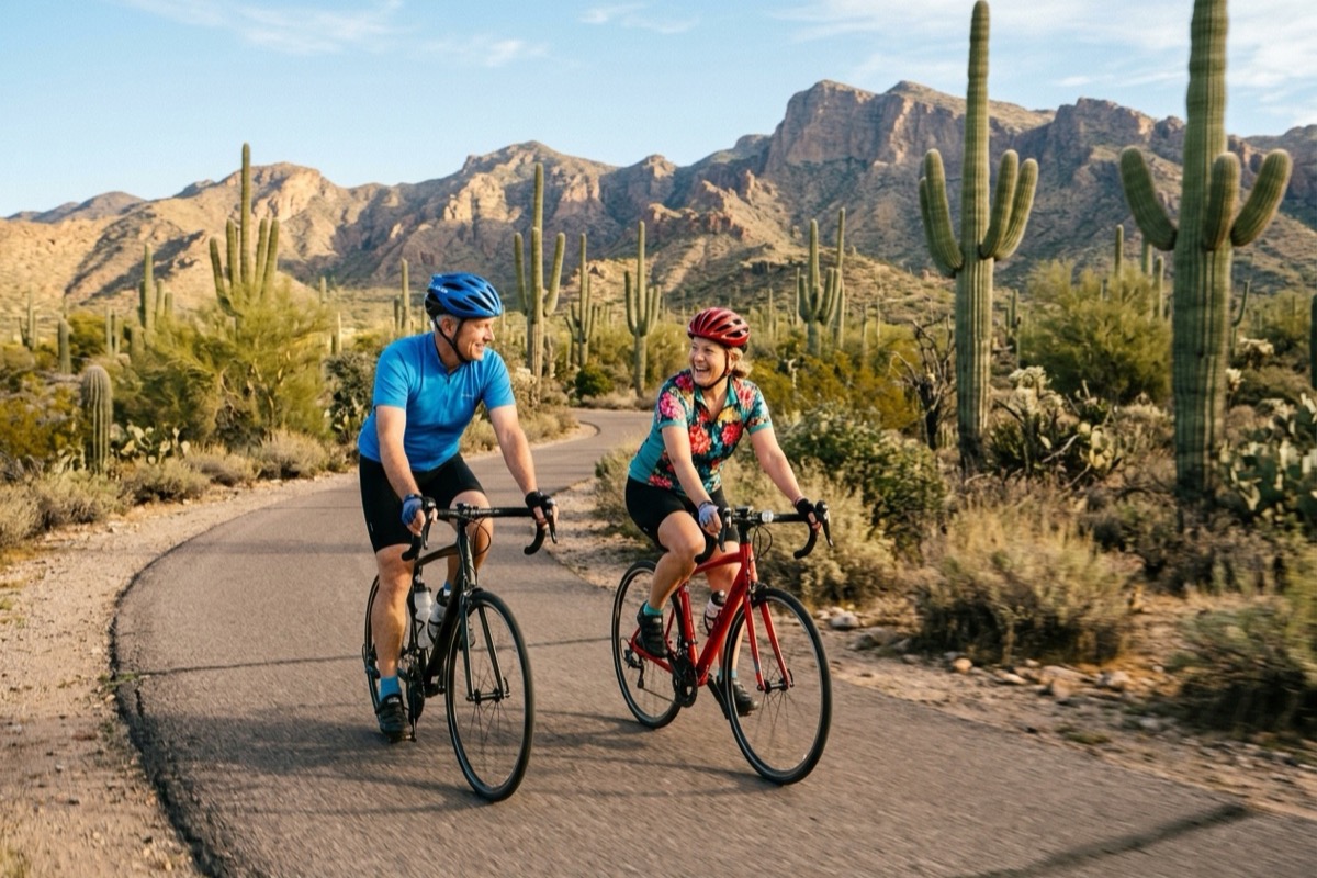 A couple in their 60s riding road bikes on a paved path through the desert